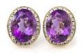 A Pair of 14 Karat Yellow Gold Amethyst and Diamond Earclips