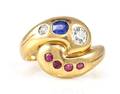 A 14 Karat Yellow Gold Ruby Sapphire and Diamond Ring