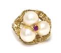 A 14 Karat Yellow Gold Cultured Pearl and Ruby Ring