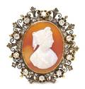 A Victorian Silver Topped Yellow Gold Diamond and Hardstone Cameo PendantBrooch