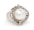 A 14 Karat White Gold Cultured Pearl and Diamond Ring