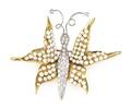 A 14 Karat Gold Diamond and Cultured Pearl Butterfly Brooch