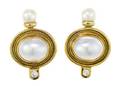 A Pair of 18 Karat Yellow Gold Cultured Pearl and Diamond Earclips Elizabeth Gage