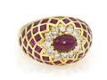 An 18 Karat Yellow Gold Ruby and Diamond Bombe Ring