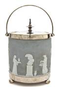 A Wedgwood Jasperware Silverplate Mounted Biscuit Barrel