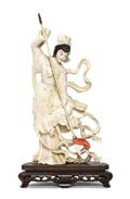 A Chinese Ivory Carving of a Woman with a Spear