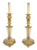 A Pair of Empire Style Gilt Bronze and Cut Glass Candlesticks