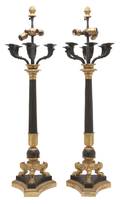 A Pair of Empire Gilt and Patinated Bronze SixLight Candelabra