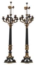 A Pair of Neoclassical Style Gilt and Patinated Bronze SevenLight Candelabra