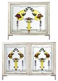 A Near Pair of Arts and Crafts Stained Glass WindowInset Console Tables