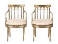A Pair of Regency Painted and Parcel Gilt Open Armchairs