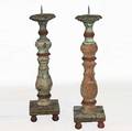 A Pair of IndoPortuguese Painted Teak Pricket Candlesticks