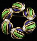 151 Ladies 18K Gold Green and Blue Enameled Brooch