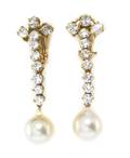A Pair of 18 Karat Yellow Gold Cultured Pearl and Diamond Earclips