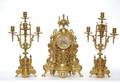 93 French Gilded Brass Mantle Clock and Garniture Set