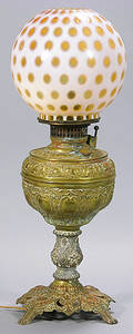 216 American Oil Lamp With Amber Thumbprint Shade