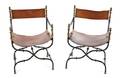A Pair of Iron Brass and Leather Curule Armchairs
