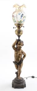 A Victorian Cast and Patinated Cast Metal Newell Post Lamp
