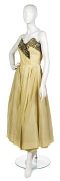 A Jacques Fath Yellow Organza and Black Chantilly Lace Strapless Gown
