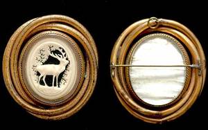 265 Antique 14kt Ivory Carved Stag Brooch Locket