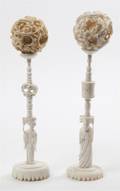 Two Chinese Carved Ivory Puzzle Balls on Stands