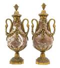 A Pair of Neoclassical Rouge Marble and Gilt Bronze Mounted Urns