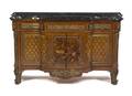 A Louis XVI Style Gilt Bronze Mounted Marquetry and Parquetry Commode
