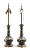 A Pair of Gilt and Enameled Table Lamps