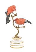 A Pair of Erwin Klein Gold and Carved Coral Iiwi Birds