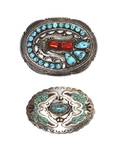 A Large Zuni Sterling Silver Coral and Turquoise Belt Buckle David K Lister