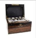 A Cased Victorian Calamander Brass Banded and Silver Mounted Dresser Set Hilliard  Thomason