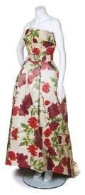 An Elizabeth Arden Multicolor Floral Print Strapless Evening Gown