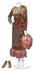 A Bill Blass Multicolor Print Velvet and Feather Dress