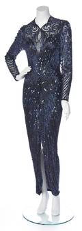 A Bob Mackie Dark Blue Sequin and Beaded Evening Gown