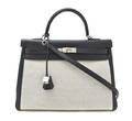 An Hermes Natural Toile and Gray Leather Kelly Bag