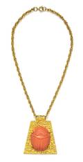 A Kenneth Jay Lane Goldtone and Faux Coral Scarab Pendant Necklace