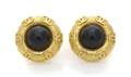 A Pair of Chanel Goldtone and Black Cabochon Logo Disk Earclips