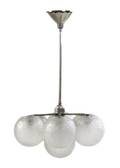 A French Art Deco Steel and Frosted Glass SevenLight Chandelier Genet et Michon