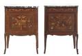 A Near Pair of French Transitional Style Marquetry and Gilt Bronze Mounted Commodes
