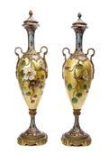 A Pair of French Champleve Enameled Urns