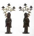 A Pair of Japanese Bronze ThreeArm Candelabra