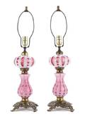 A Pair of Victorian Cranberry and White Glass Oil Lamps