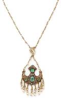 A Silver Topped Gold Emerald Seed Pearl and Diamond Pendant