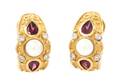 A Pair of 14 Karat Yellow Gold Cultured Pearl Garnet and Diamond Earclips