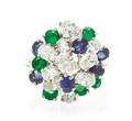 A Platinum Diamond Sapphire and Emerald Ring