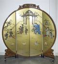 A Chinese Painted and Parcel Gilt Stone and Ivory Inset Four Panel Floor Screen