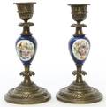 A Pair of Sevres Style Porcelain and Cast Metal Mounted Candlesticks