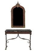 An Oscar Bach Iron and Brass Console Table and Mirror German American 18841957