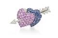 An 18 Karat White Gold Sapphire and Diamond Double Heart Brooch