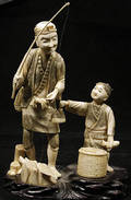 18 Japanese Ivory Okimono Fisherman and Boy with Fish